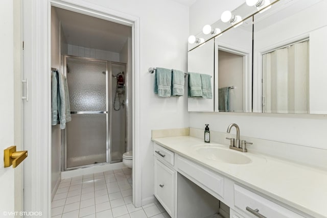 bathroom with vanity, tile patterned flooring, a shower stall, and toilet