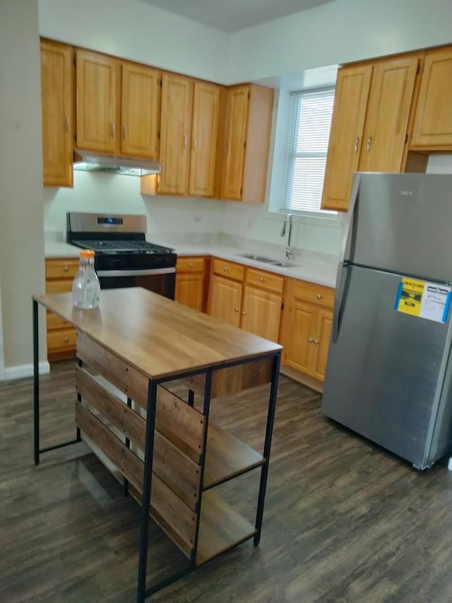 kitchen featuring sink, appliances with stainless steel finishes, ventilation hood, dark hardwood / wood-style flooring, and light brown cabinets