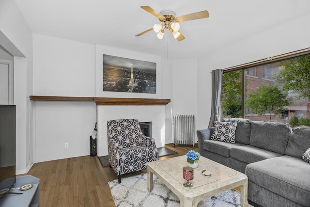 living room with hardwood / wood-style flooring, radiator heating unit, and ceiling fan