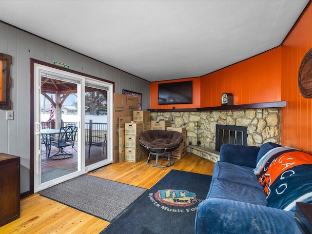 living room featuring a fireplace and light hardwood / wood-style flooring