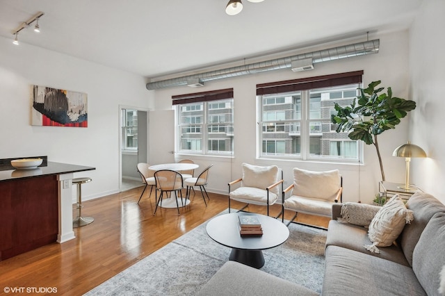 living room featuring rail lighting and light hardwood / wood-style floors