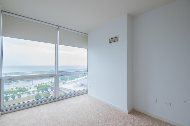 carpeted empty room featuring a water view