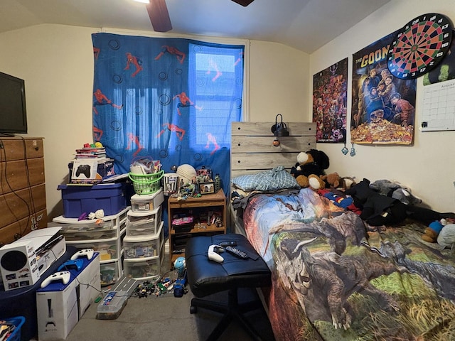 bedroom with lofted ceiling and ceiling fan