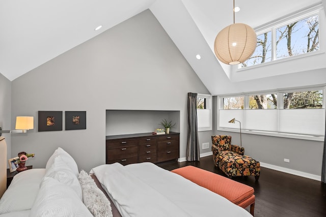 1319 Lincoln St, Evanston, IL 60201 - bedroom with high vaulted ceiling, baseboards, dark wood-type flooring, and recessed lighting