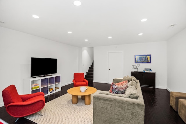 1319 Lincoln St, Evanston, IL 60201 - living room with stairway, baseboards, dark wood-style flooring, visible vents, and recessed lighting