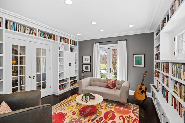 1319 Lincoln St, Evanston, IL 60201 - sitting room featuring french doors, dark wood finished floors, baseboards, recessed lighting, and crown molding