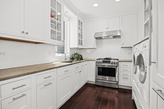 1319 Lincoln St, Evanston, IL 60201 - kitchen featuring stainless steel range with gas cooktop, dark wood finished floors, white cabinetry, glass insert cabinets, and under cabinet range hood