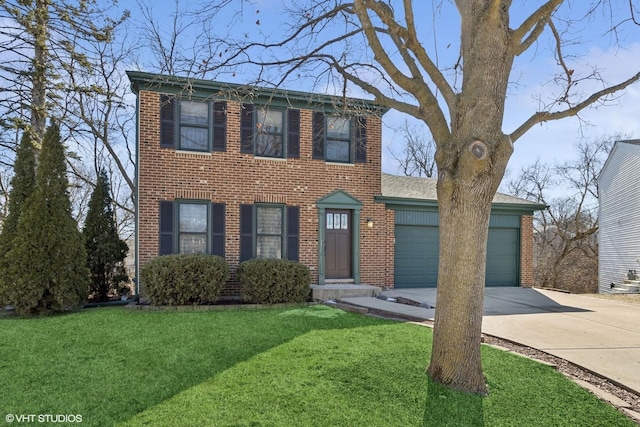 colonial home with a garage and a front lawn