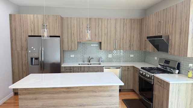 3541 S Maplewood Ave Unit 2, Chicago, IL 60632 - kitchen with ventilation hood, appliances with stainless steel finishes, modern cabinets, and a sink