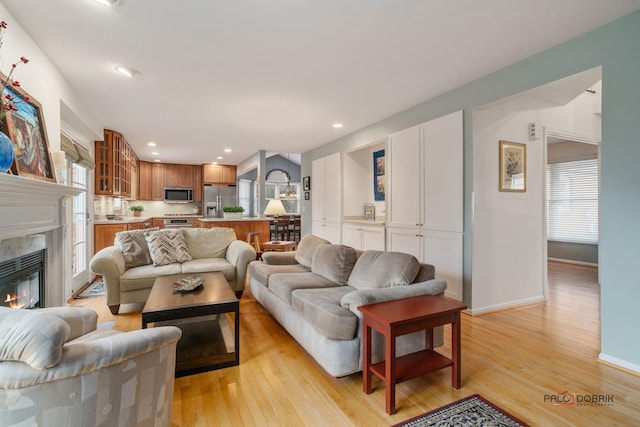 living room featuring light hardwood / wood-style flooring, a premium fireplace, and plenty of natural light