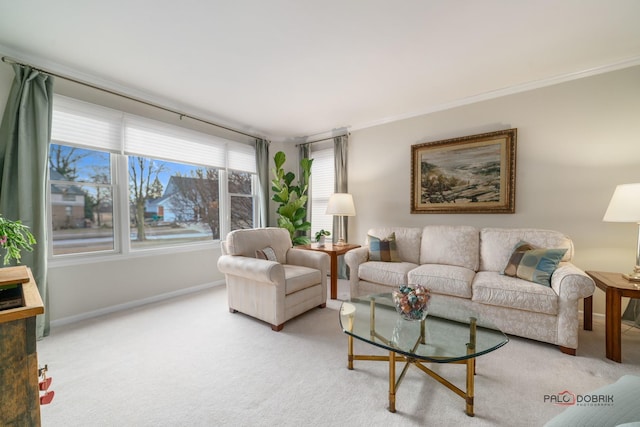 carpeted living room featuring crown molding