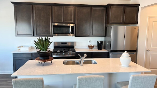 kitchen featuring stainless steel appliances, an island with sink, sink, and light stone counters