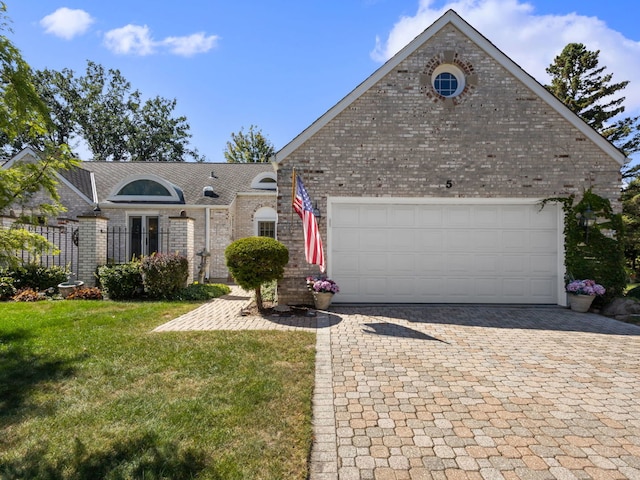 view of front of home featuring a garage and a front lawn