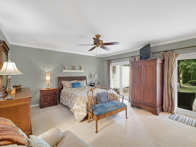 bedroom with crown molding, light colored carpet, access to exterior, and ceiling fan