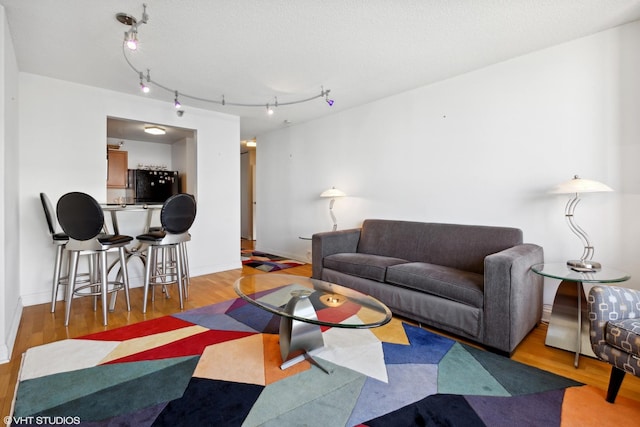 living room with light hardwood / wood-style flooring and a textured ceiling