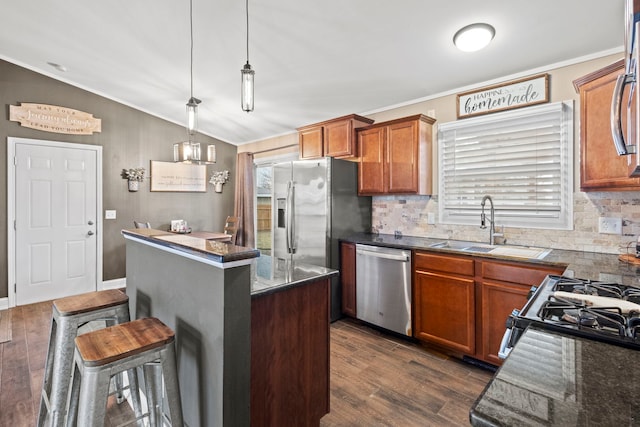 kitchen with lofted ceiling, sink, appliances with stainless steel finishes, dark hardwood / wood-style floors, and decorative light fixtures