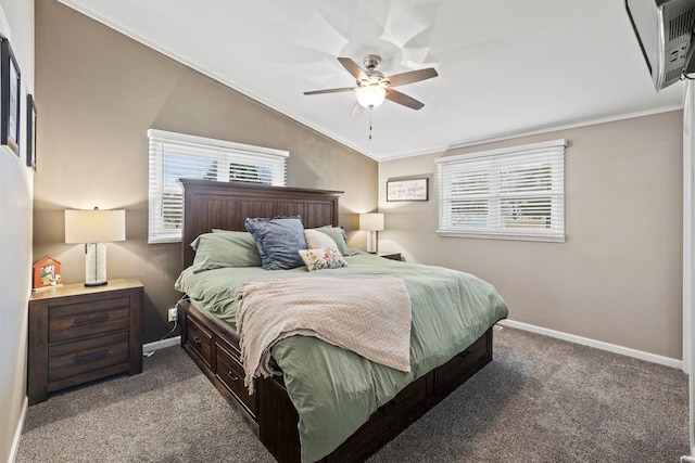 carpeted bedroom featuring ceiling fan, ornamental molding, vaulted ceiling, and a wall mounted air conditioner