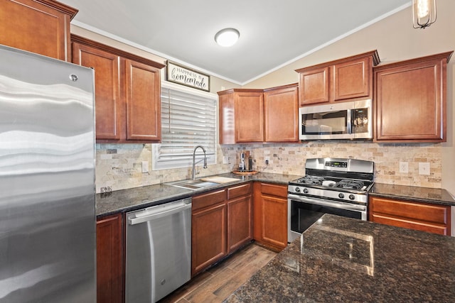 kitchen with sink, dark wood-type flooring, appliances with stainless steel finishes, decorative backsplash, and vaulted ceiling