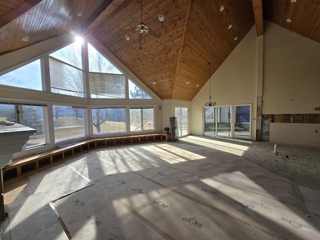 unfurnished living room featuring wood ceiling and high vaulted ceiling