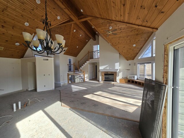 unfurnished living room featuring high vaulted ceiling and wooden ceiling