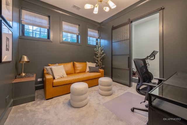 carpeted office space featuring a chandelier