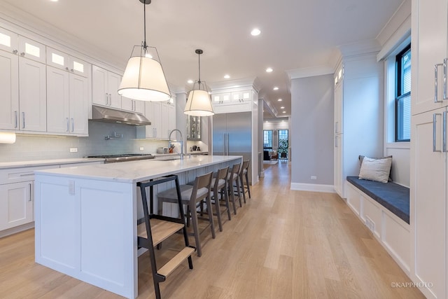 kitchen featuring white cabinetry, sink, a kitchen breakfast bar, and an island with sink