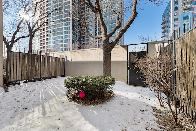 view of yard layered in snow