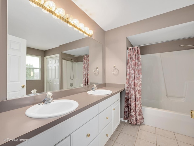 bathroom featuring vanity, tile patterned floors, and shower / tub combo with curtain