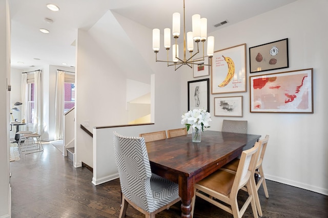 dining space with visible vents, baseboards, dark wood-style floors, an inviting chandelier, and recessed lighting