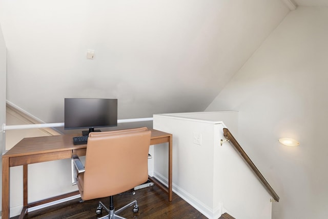 office area with lofted ceiling and dark wood-style flooring