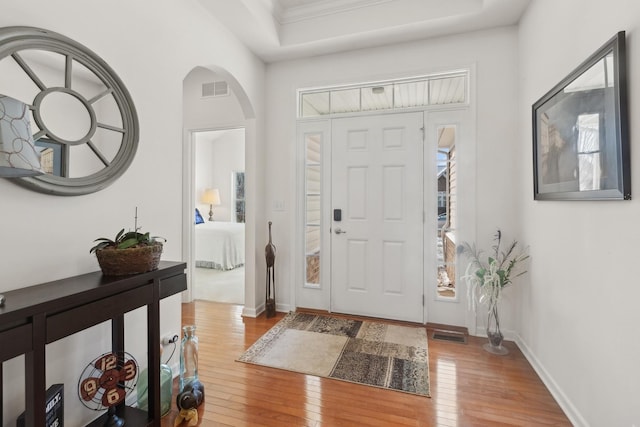 foyer entrance with a wealth of natural light, light hardwood / wood-style flooring, and a raised ceiling