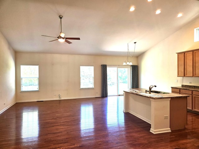 1616 Colchester Ln, Aurora, IL 60502 - kitchen featuring plenty of natural light, a sink, dark wood-style floors, recessed lighting, and high vaulted ceiling
