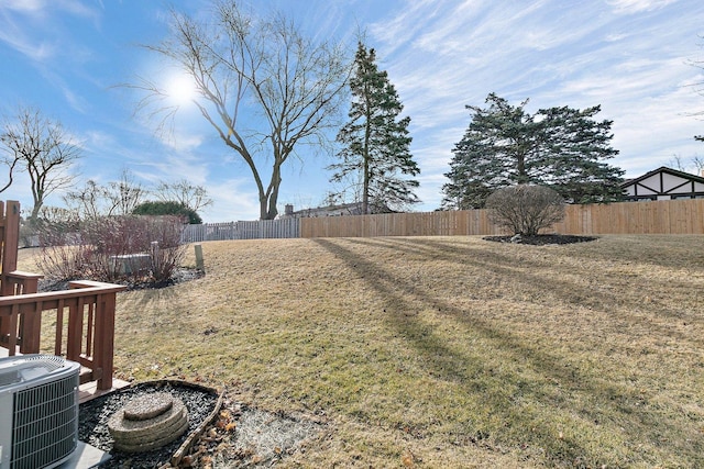 view of yard featuring a fenced backyard and central AC