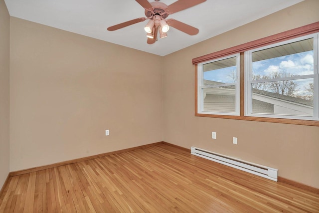 unfurnished room with light hardwood / wood-style flooring, ceiling fan, and baseboard heating