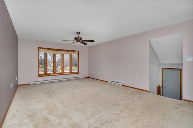 empty room with a baseboard heating unit, ceiling fan, and carpet flooring