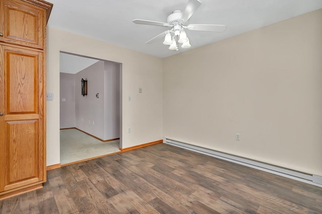 unfurnished room featuring dark wood-type flooring, ceiling fan, and baseboard heating