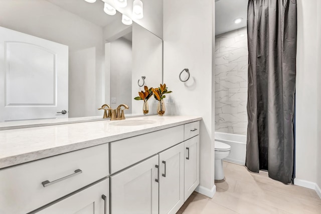 full bathroom with tile patterned flooring, vanity, shower / tub combo, and toilet