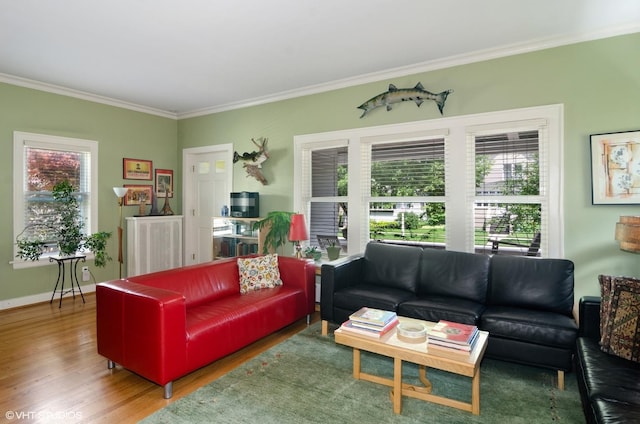 living room featuring hardwood / wood-style flooring and ornamental molding