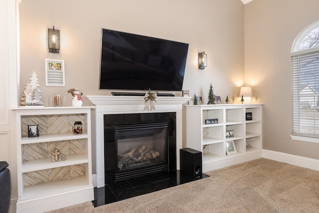 carpeted living room featuring built in features