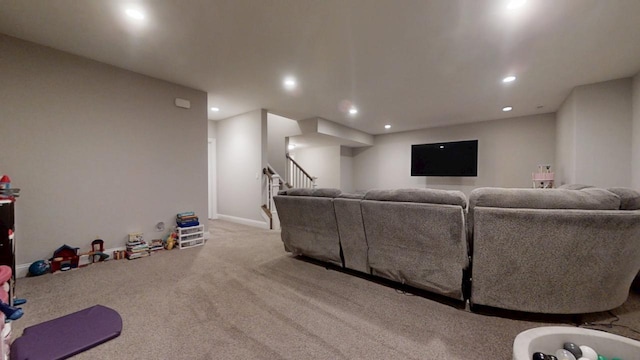 home theater featuring light colored carpet