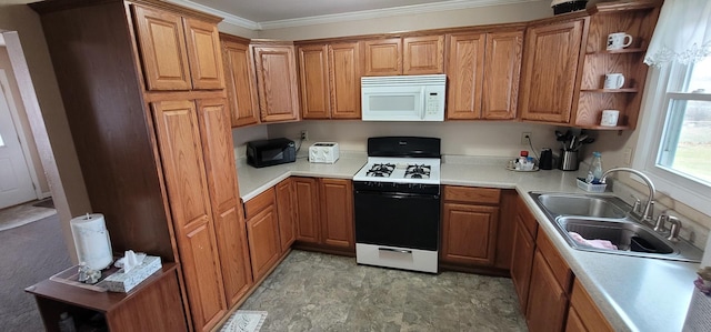 kitchen with crown molding, sink, and range with gas cooktop