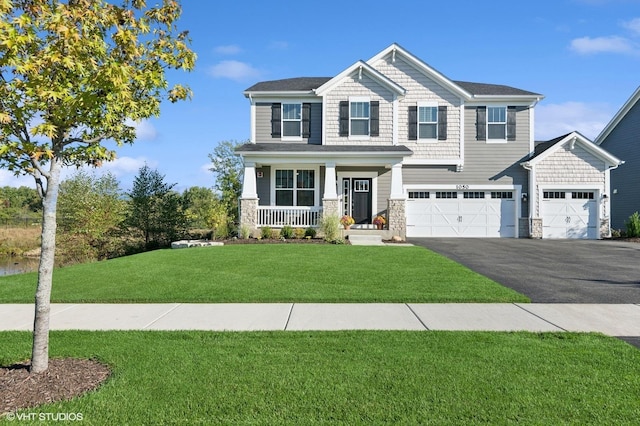 craftsman-style house with a porch, a garage, and a front lawn