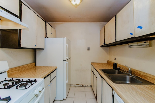 kitchen featuring light tile patterned flooring, sink, extractor fan, white cabinetry, and white appliances