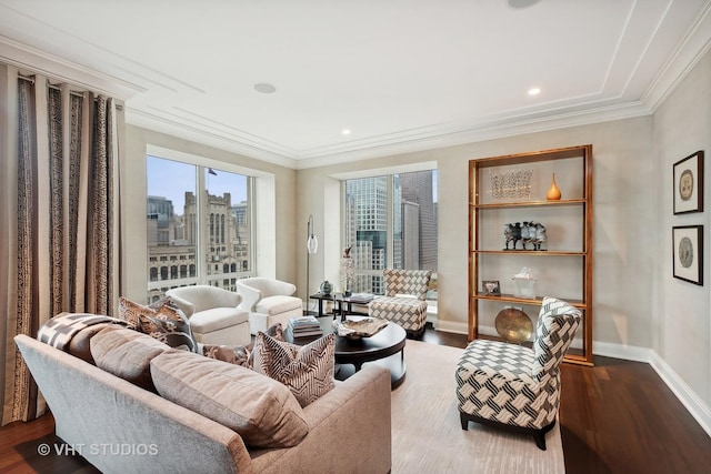 living room with ornamental molding and dark hardwood / wood-style floors