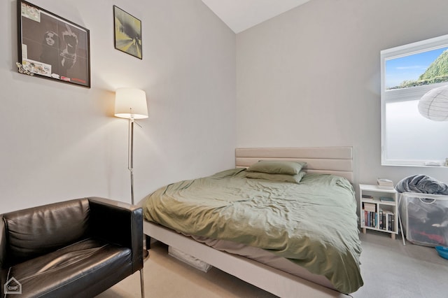 carpeted bedroom featuring lofted ceiling