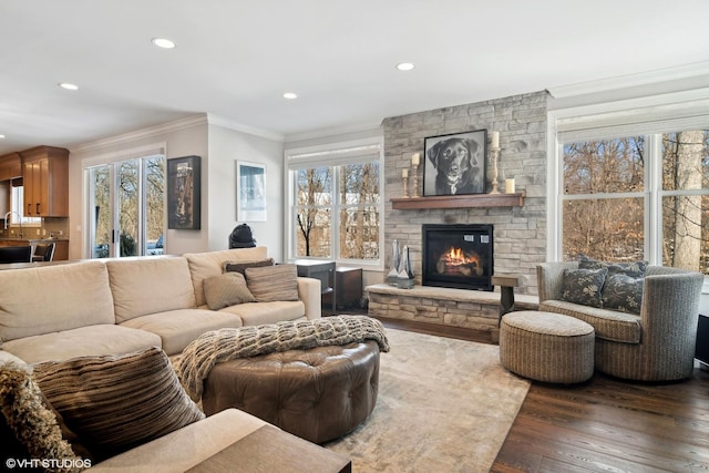 living area featuring a stone fireplace, recessed lighting, dark wood-style floors, and ornamental molding