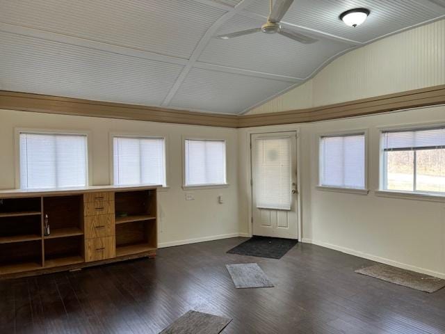 interior space featuring dark hardwood / wood-style flooring, vaulted ceiling, and ceiling fan