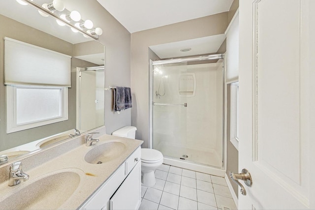 bathroom with an enclosed shower, vanity, tile patterned floors, and toilet