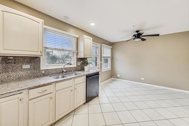 kitchen featuring light tile patterned flooring, sink, dishwasher, ceiling fan, and backsplash