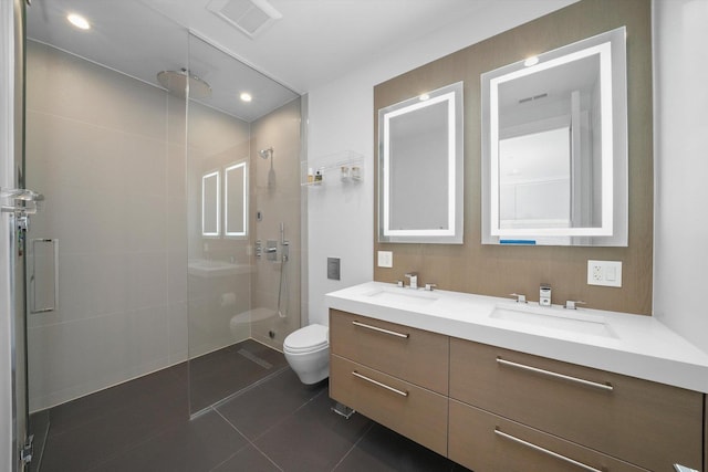 1834 N Rockwell St Unit 1R, Chicago, IL 60647 - bathroom with toilet, tiled shower, double vanity, tile patterned floors, and recessed lighting